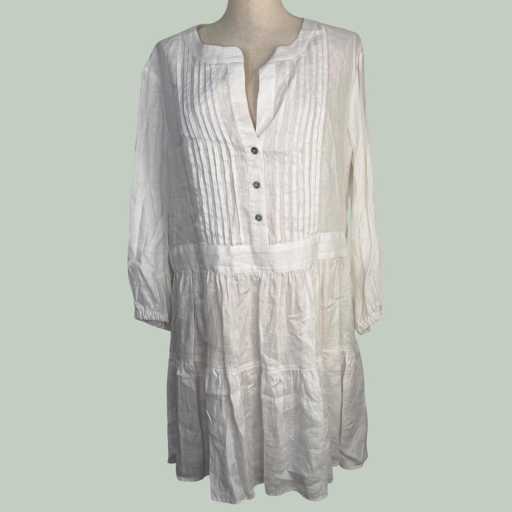 Finley Mia Pintucked Linen Peasant Dress White XL Made in USA Boho Mini